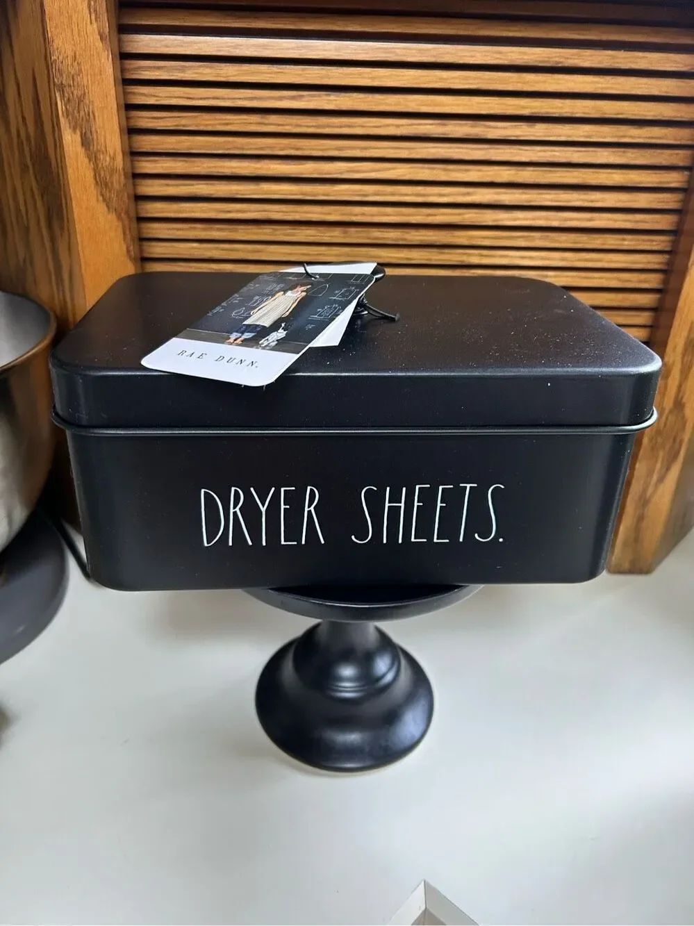 Rae Dunn Black Dryer Sheets Metal tin container Laundry Room Farmhouse Decor
